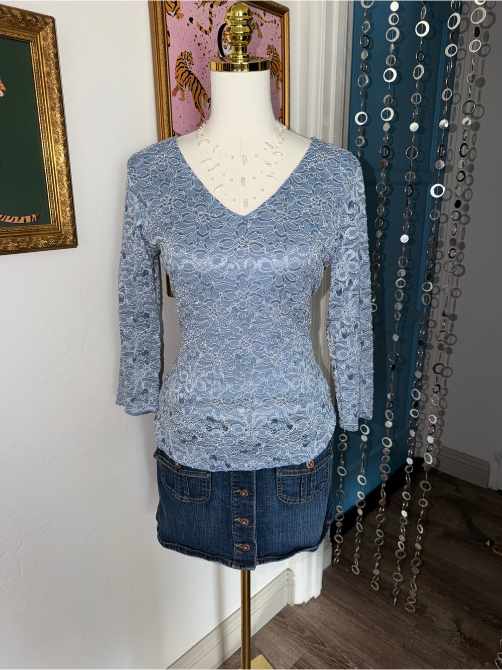 Vintage Y2K Light Blue Lace V-Neck Women's Top